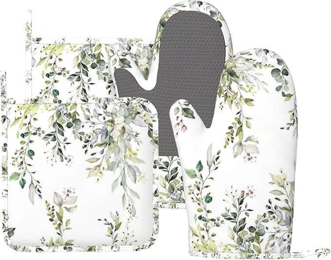 Sage Green Eucalyptus Oven Mitts and Pot Holders Set, 4pcs Silicone Watercolor Butterfly Leaves Oven Glove for Kitchen Heat Resistant Oven Mitts and Potholders Non-Slip for Cooking