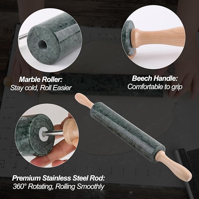 Koville Indian Natural Marble Rolling Pin, Non-Stick Polished Dough Roller, Pasta, Dumpling, Fondant, Pie Crust, Bread, Pizza Dough, Kitchen Baking Pastry Tools with Mat/Scraper(Indian Green)