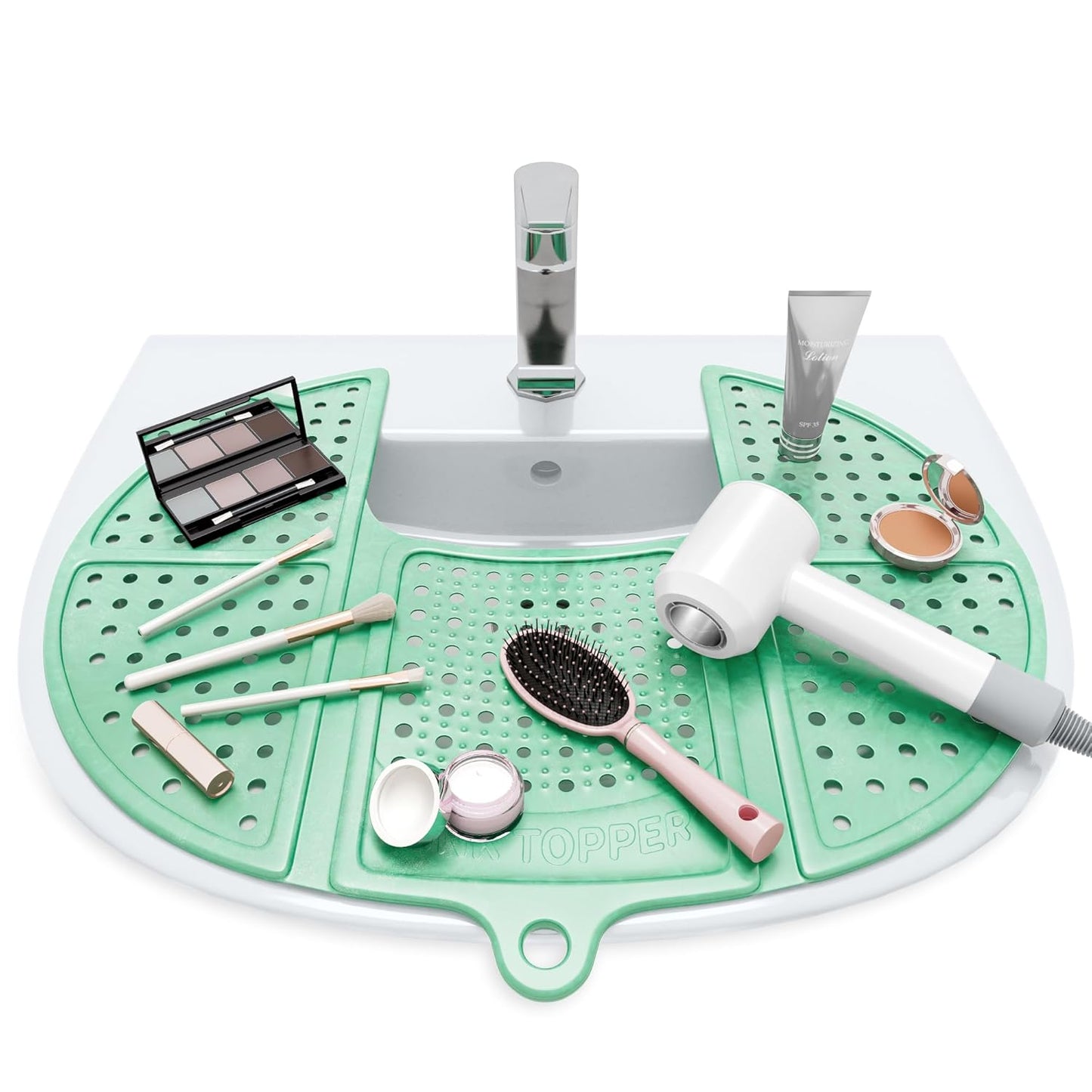 Sink Topper Bathroom Counter Cover & Storage Saver, Foldable Silicone Mat for Hot Tools, Hair Styling & Makeup, Beauty Brush Cleaning Mat, RV Camper Sink Cover & for Small Spaces (Standard Green)