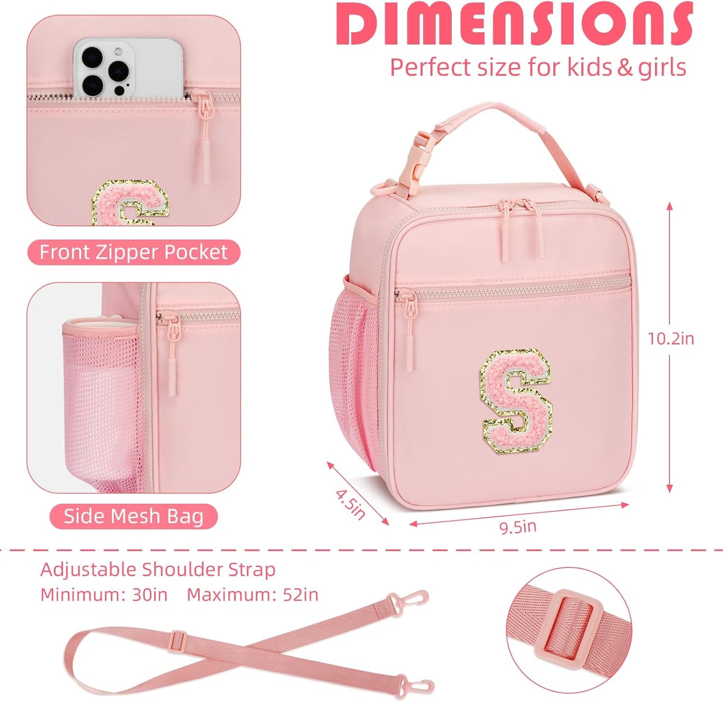 Initial Insulated Lunch Bag for Girls Kids, Back to School Gift, Reusable Leak-proof Lunch Box with Adjustable Strap for School Daycare Travel Picnic (Pink,S)