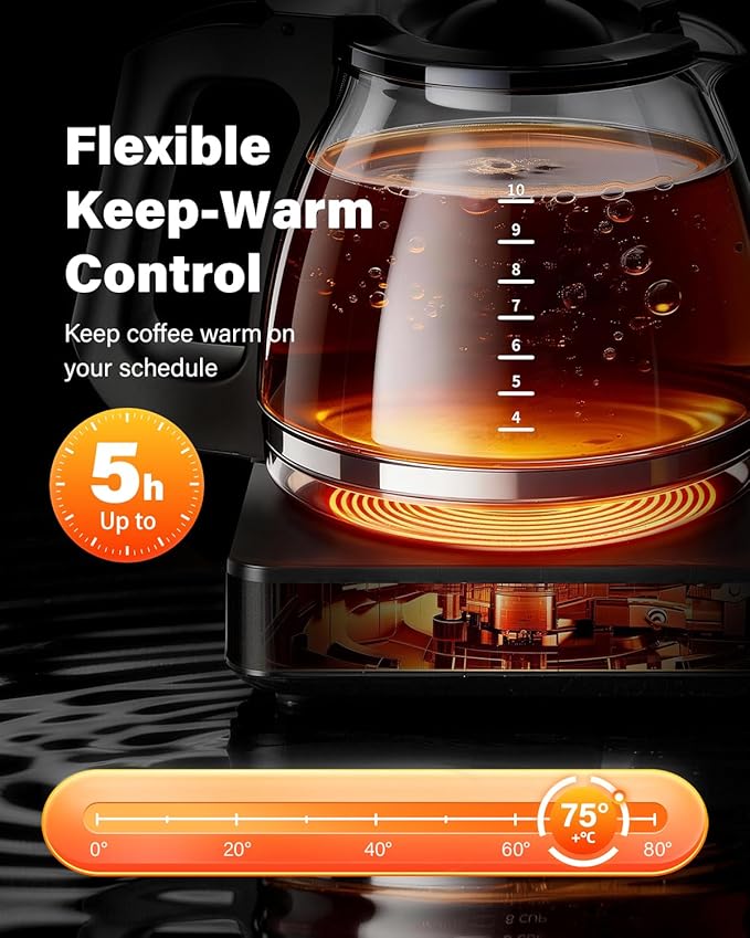 SHARDOR 10-Cup Coffee Maker, Programmable Drip Coffee Machine with 2–10 Cup Setting, Adjustable Keep-Warm Control, Removable 50oz Water Tank, Brew Strength Control & Brew Pause, Black