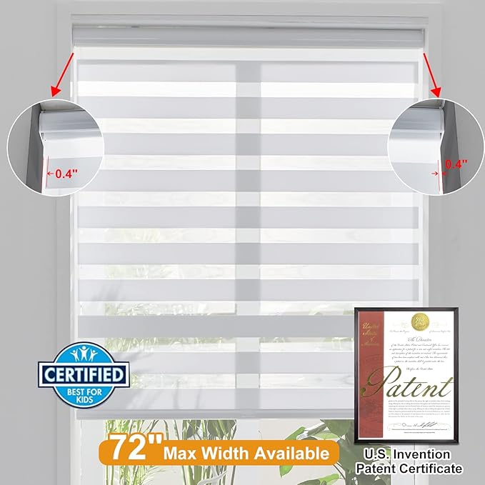 Persilux Cordless Zebra Blinds for Windows Free-Stop Roller Windows Shades (58" W X 47" H, White) Dual Layer Light Control for Day and Night, Light Filtering Sheer Shades for Home, Easy to Install