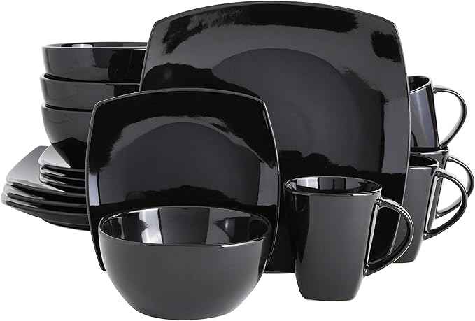 Gibson Elite Soho Lounge Square Reactive Glaze Stoneware Dinnerware Set, Service for 4 (16pc), Black