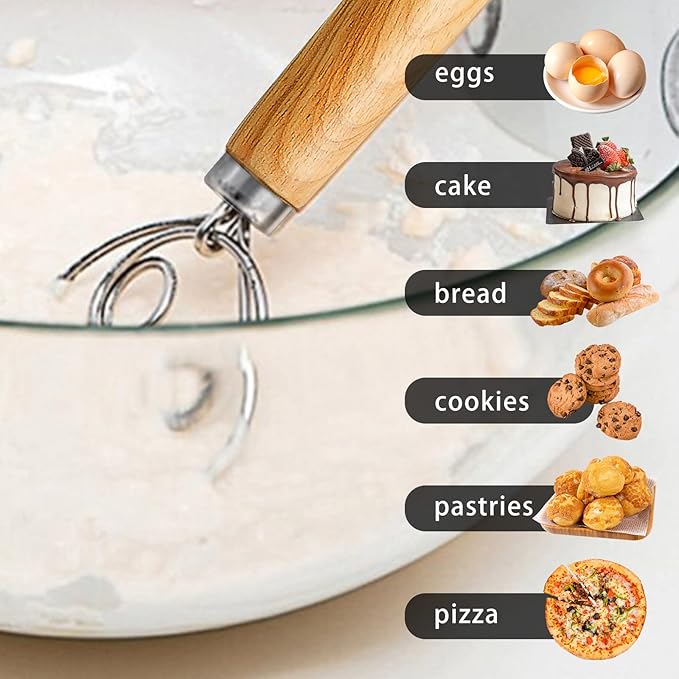 TEEVEA Danish Dough Whisk Stainless Steel Dough Hook Dutch Whisk for Sourdough Bread Dough Mixer Hand Wooden Handle Kitchen Whisking Mixing Tool Bread Making Tools and Supplies