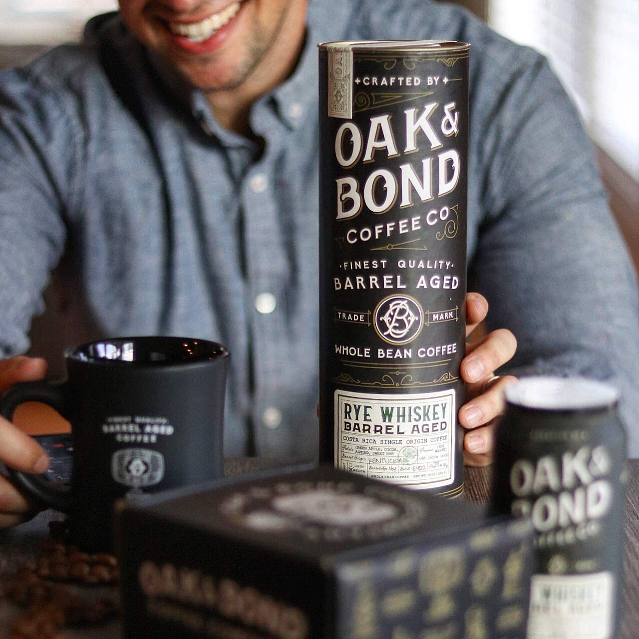 Rye Whiskey Barrel Aged Coffee, Costa Rica Single Origin Small Family Farm Whole Coffee Bean, Medium Roast w/Flavor Notes of Cocoa, Almond, Sweet Rye, Green Apple by Oak & Bond Coffee Co. – 10oz.