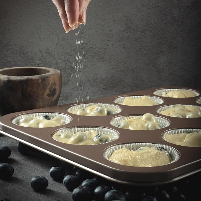 HAPPIELS Non Toxic Nonstick 12 Cup Muffin Pan | PFOA BPA free Nontoxic Cupcake Tin | Best Non Stick Muffin Pans | Muffin tins | Cupcakes Tray | Carbon Steel Bakeware Mold Trays