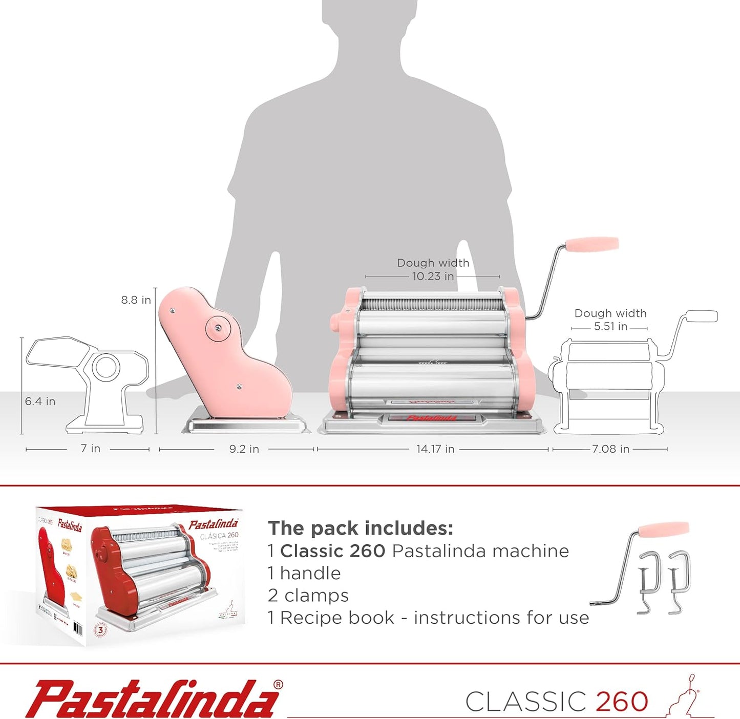 PASTALINDA Classic 260 Pasta Maker Machine, 26 cm Wide Rollers, 9 Thickness Positions, 2 Cutting Positions, Stainless Steel. Includes Reinforced Hand Crank And Two Clamps (Pink)