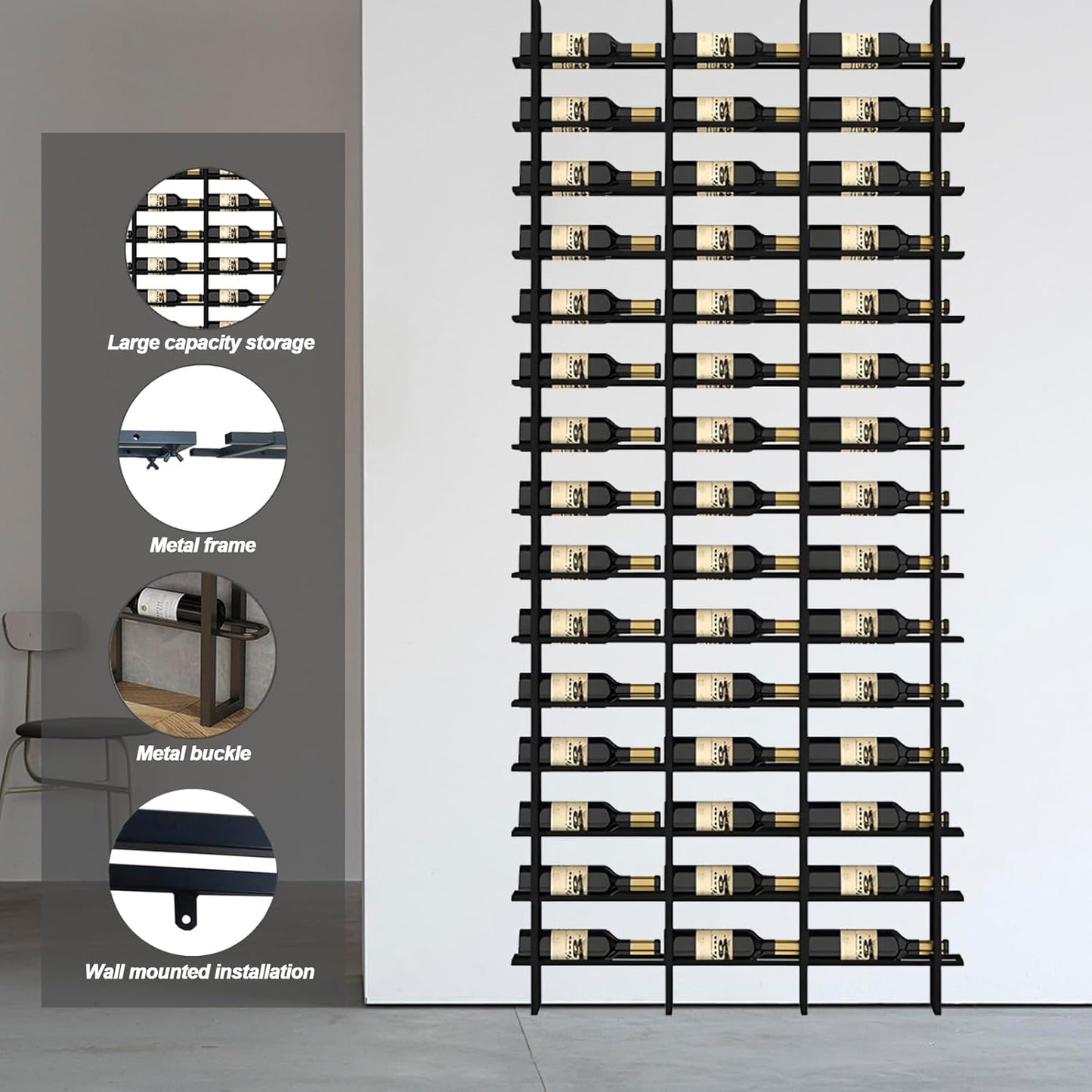 Wine Rack Freestanding Floor, 16 Tier 48 Bottle Capacity Display Holder, Industrial Wine Bottle Storage Shelves, for Any Bar, Wine Cellar, Kitchen, Dining Room (Gold, 3 Column)