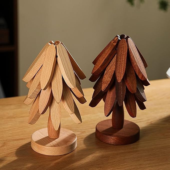 Natural Wood Tree Trivet Set, 𝐍atural Tree Trivet Set - 4 Wooden Trivets,4 Wooden 𝐓rivets & 1 Stand Like a Christmas Trees,for Hot Dish,Pot,Bowl,Teapot,Hot Pot Sets (Natural Wood 3 Trivets,1set)