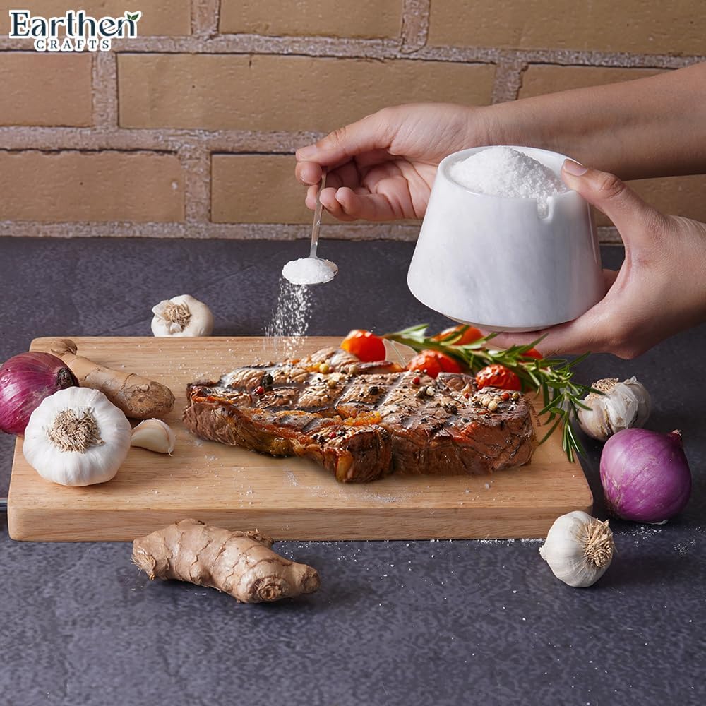 Marble Salt Cellar With Lid White 4 Inch Salt Jar with Spoon, Salt and Spices Storage Box For Kitchen Counter, Modern Salt Keeper