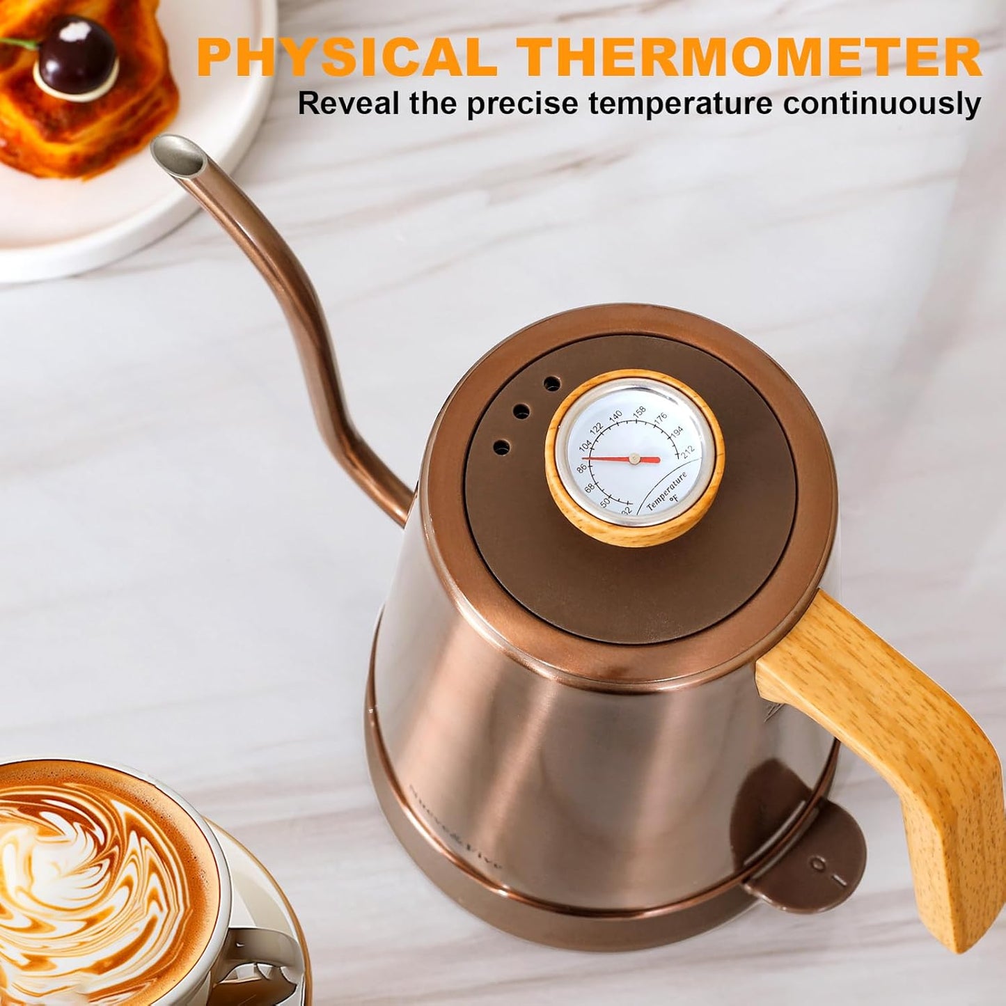 Nueve&Five Gooseneck Electric Kettle with Thermometer, Copper Tea Kettle with Auto Shut-Off,1000W Hot Water Kettle Electric of Stainless Steel,Electric Kettles for,Coffee & Tea