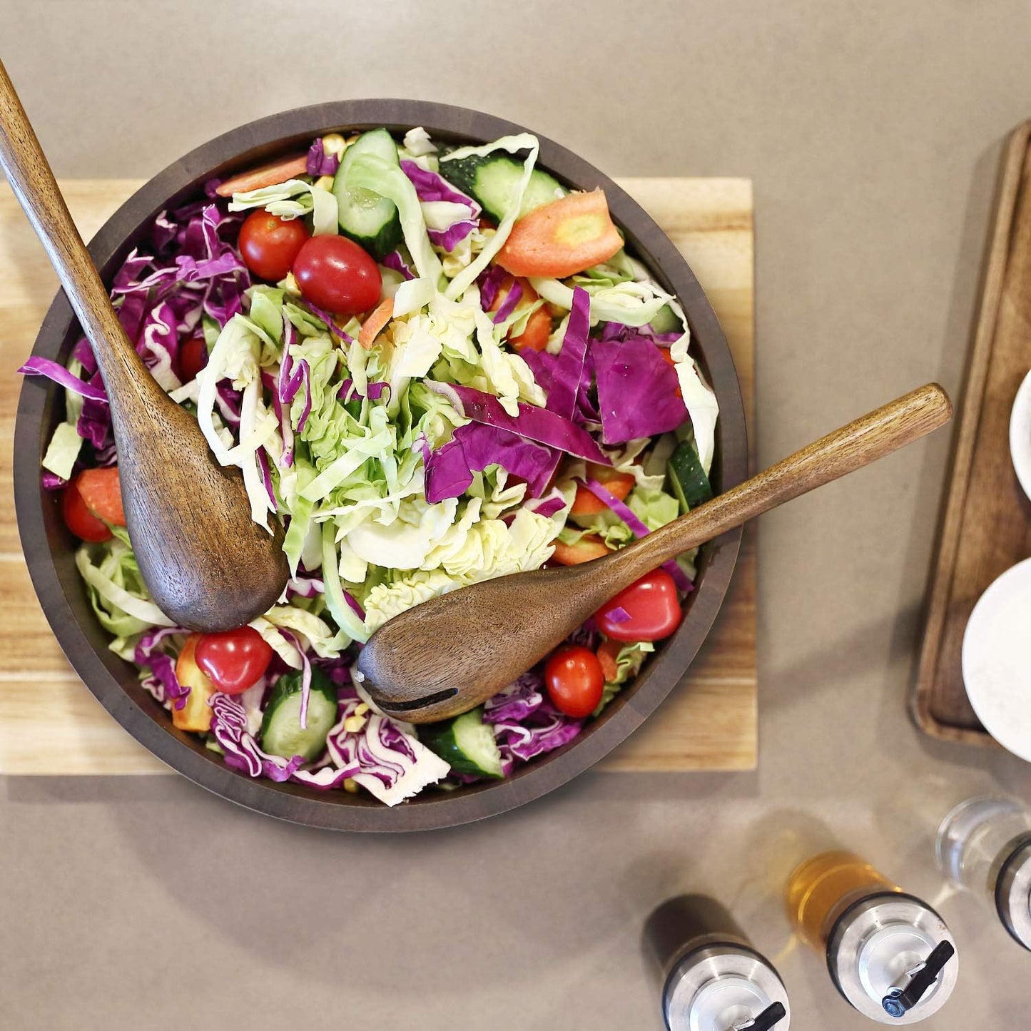 Wooden Salad Bowl, Acacia Walnut Wood Salad Bowl Set, 12 * 4.3 inch Large Natural Wooden with Fork and Spoon,Premium Eco-Friendly 346oz /10.8qt for Kitchen,Dining,Serving & Mixing Food