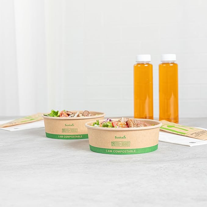Restaurantware Paper Food Containers 200 Pack Of 17 oz Disposable Round Kraft Salad Bowls BPI-Certified Compostable Stackable Greaseproof Meal Prep Take Out Containers For Soups, Snacks And Desserts