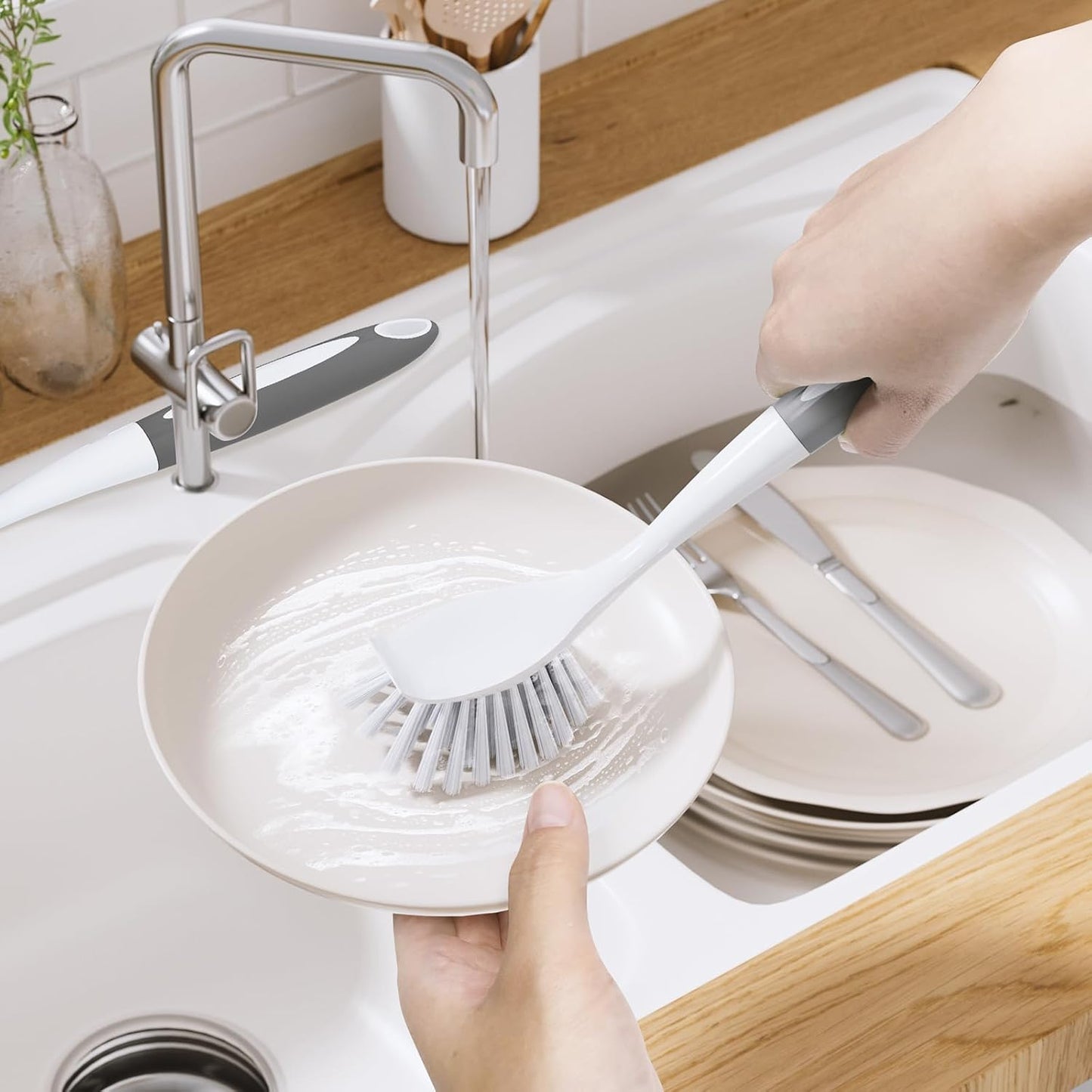 Amazer Dish Brush with Handle, 2 Pack Kitchen Scrub Brushes for Cleaning, Dish Scrubber with Stiff Bristles for Sink, Pots, Pans (Grey+Grey)
