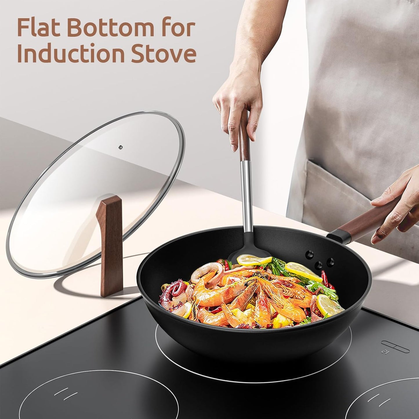 Carbon Steel Wok - Including Glass Cover and Silicone Spatula, 13-Inch Woks & Stir-Fry Pans for Induction, Electric, Gas Stoves