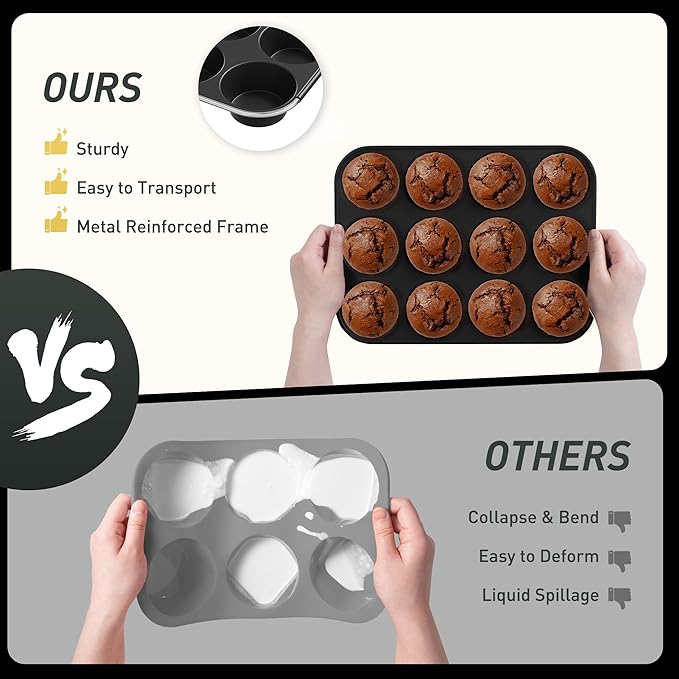 2 Pack 12 Cups Silicone Muffin Pan with Metal Reinforced Frame Regular Size Silicone Molds Cupcake Cake Baking Pans Cookie Baking Chocoflan Cupcake Mold Baking Homemade Muffins Cupcakes Egg Bites