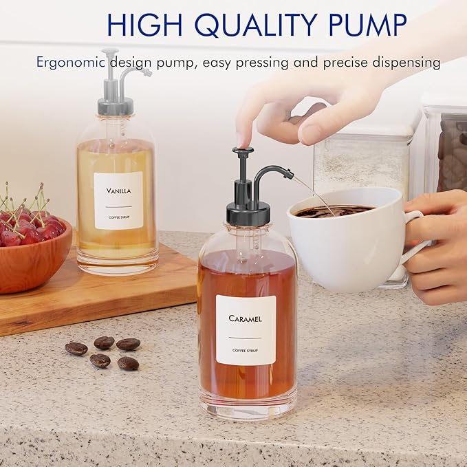 16.9 oz/500 ml Coffee Syrup Dispenser Set - 4 Glass Bottles with Black Pumper and Syrup Labels - Precise Dispensing and Stylish Addition to Coffee Shop, Cafe or Home Bar