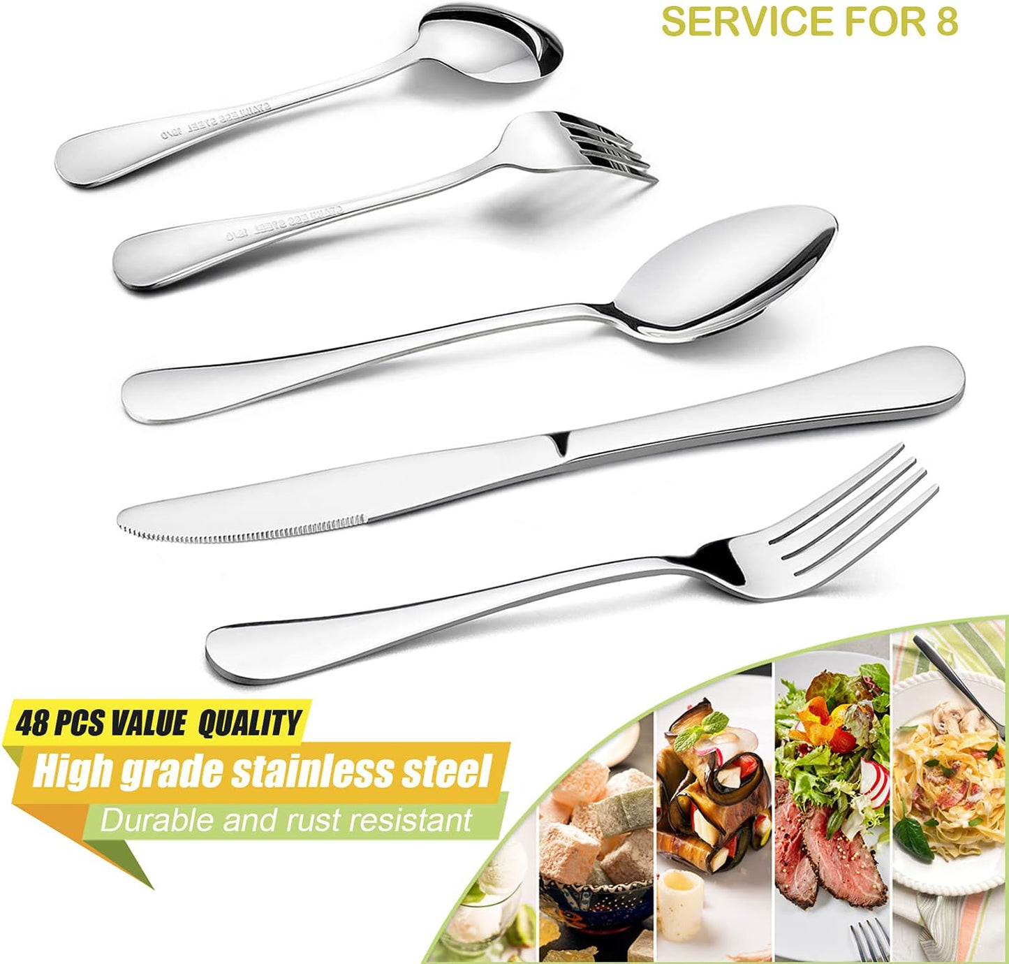 HaWare 48 Pieces Silverware Set with Serving Utensils, Stainless Steel Fancy Flatware Cutlery Set for 8, Traditional Elegant Style Tableware Eating Utensils, Mirror Polished & Dishwasher Safe