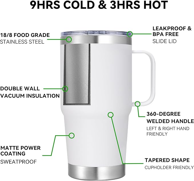 20 oz Stainless Steel Tumbler with Handle Metal Insulated Coffee Travel Mug with Handle Double Wall Tumbler Cup with Lid and Straw, White 1 Pack