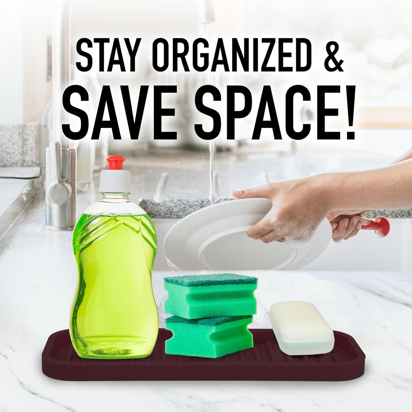 Zulay Kitchen (9x3.5) Silicone Sponge Holder for Kitchen Sink - Flexible Multipurpose Soap Tray - Sink Organizer for Kitchen, Bathroom, Makeup, Trinkets & More (Dark Mahogany)