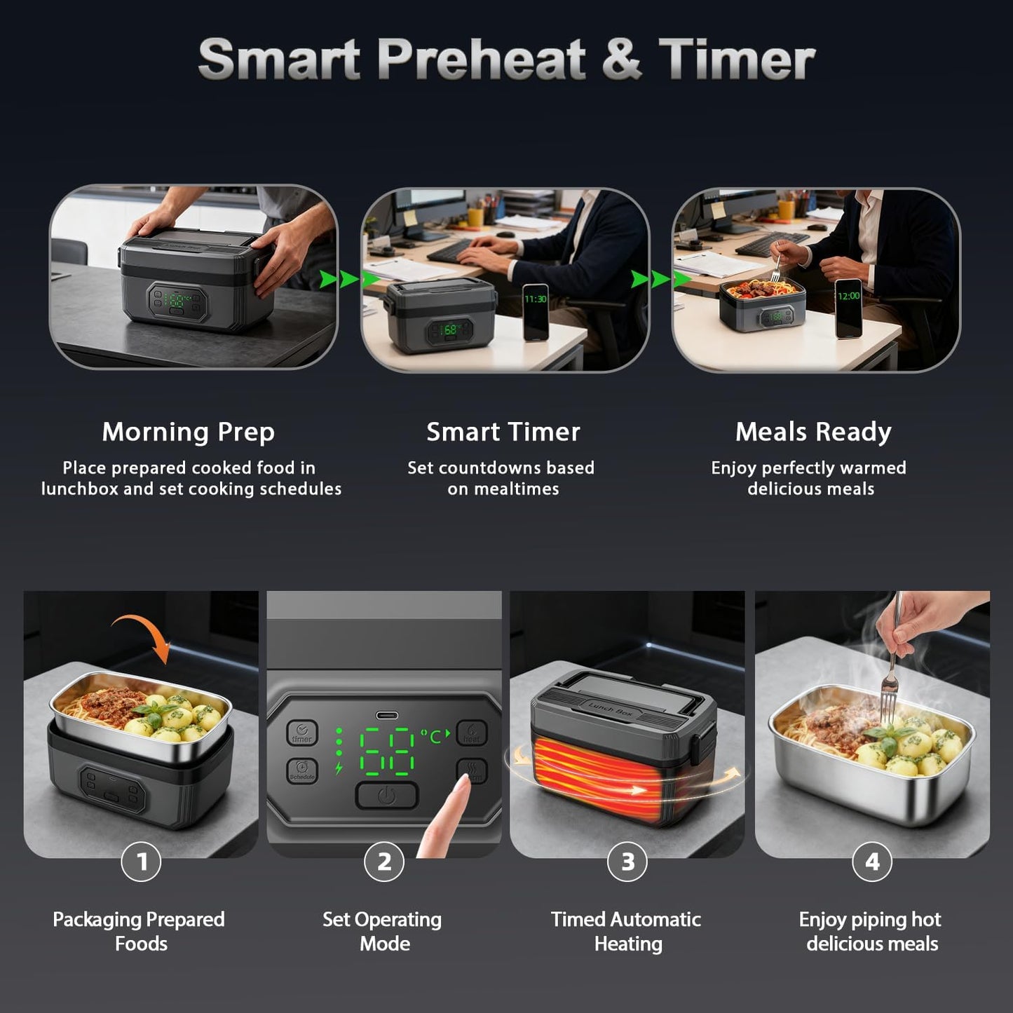 1.2L Cordless Electric Lunch Box - 21000mAh Heated Lunch Box Battery Powered with Automatic Heating, 9-Timer & 5-Temp Setting, Leakproof 304 Stainless Steel Container, Perfect for Office/Truck/Outdoor