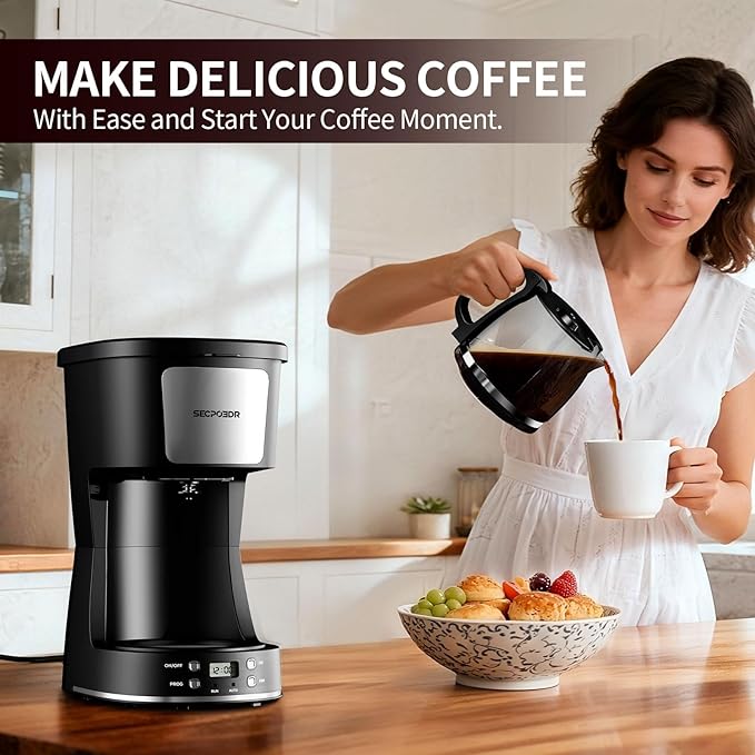 12-Cup Drip Coffee Maker with Reusable Filter,Programmable Clock,Auto Brew,Water Window,Keep Hot Plate,Glass Carafe,Compact Design for Kitchen,Office,Silver and Black,Stainless Steel