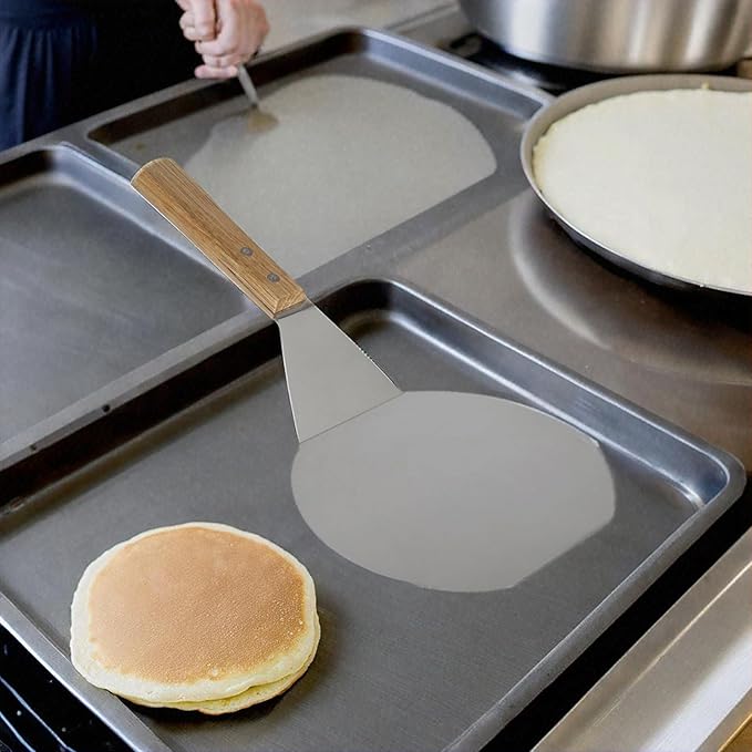 Extra-Large Stainless Steel Wide Spatula Turner Strong Wooden Handle - Dishwasher Safe Kitchen Utensil - Heavy Duty Oversized Metal Lifter Grilling, Cooking, Baking Cake & Cookies pancake spatula