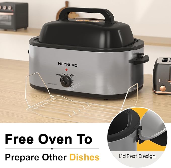 22 Quart Electric Turkey Roaster Oven with Self-Basting Lid Design, Large Stainless Steel Roaster Oven with Removable Pan & Rack, Silver