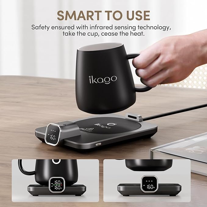 2Pcs Heated Coffee Mug Warmer & Mug Set - Heated Mug Warmer Plates with Auto Shut Off, 1°F Precise Electric Coffee Warmer Plates for Desk, Valentine's Day Gift for Couple, Dark Grey and Pink