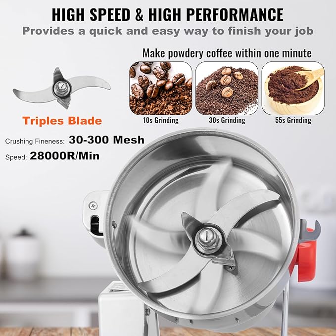 VEVOR 1000g Electric Grain Mill Grinder, High Speed 3000W Commercial Spice Grinders, Stainless Steel Pulverizer Powder Machine, for Dry Grains Spices Cereals Coffee Corn Pepper, Swing Type