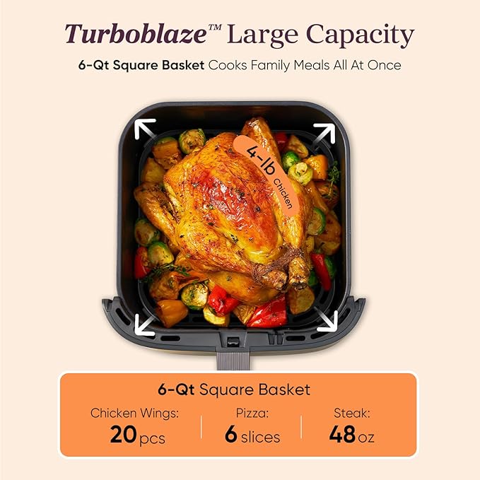 Cosori 9-in-1 TurboBlaze Air Fryer 6 Qt, Premium Ceramic Coating, 90°–450°F, Precise Heating for Even Results, Air Fry, Roast, Bake, Broil, Dry, Frozen, Proof, Reheat, Keep Warm, 120V, Dark Gray