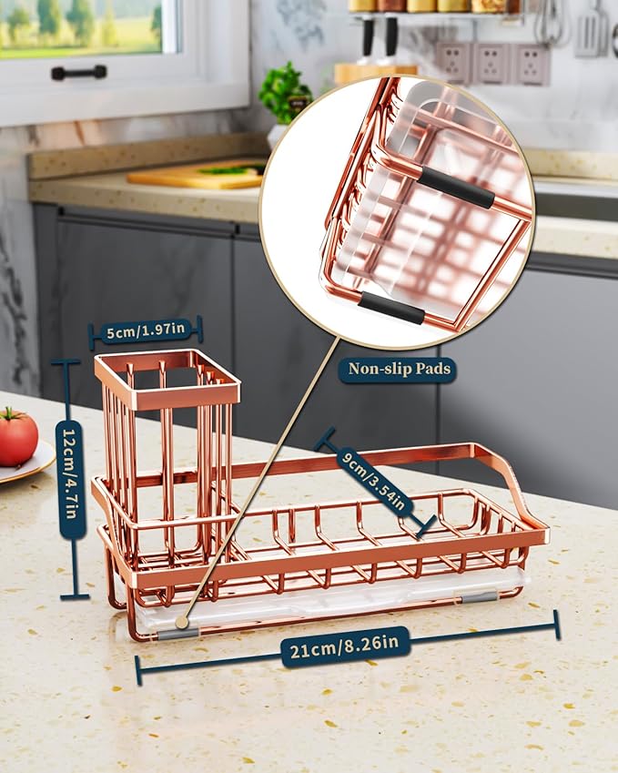 Consumest Sponge Holder for Kitchen Sink - Sink Caddy Kitchen Organizer with Removable Drip Tray for Countertop Dish Soap Dispenser Brush Storage Accessories 304 Stainless Steel, Rose Gold