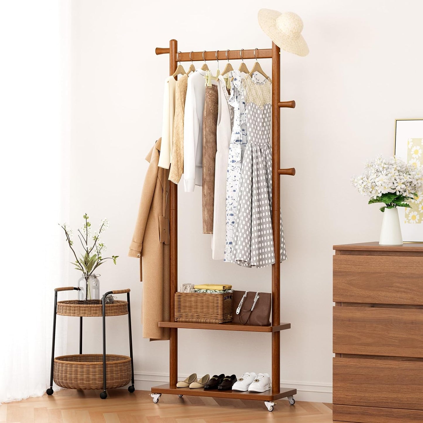 Coat Rack Freestanding Clothing Rack with Wheels & 2 Shelves Storage & 5 Hooks Heavy Duty Clothes Rack Wood Coat Tree Stand Hat Hanger Rack for Corner Bedroom Entryway Living Room Hotel Size L