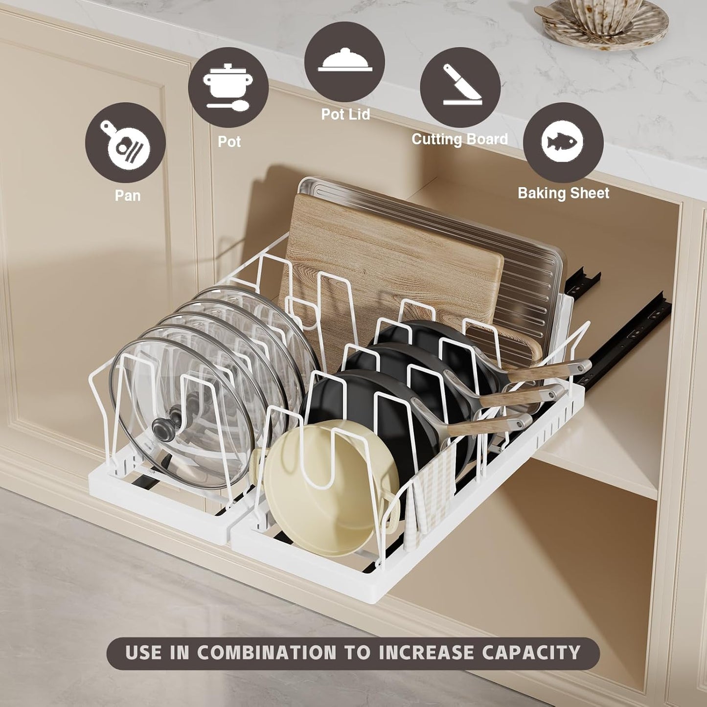 2 Pack Pots and Pans Organizer Under Cabinet, 22" Deep Expandable Pull Out Pot Lid Organizer and Storage with 10 Adjustable Dividers No Drill Pot and Pan Holder Rack with Handle Bracket(White)