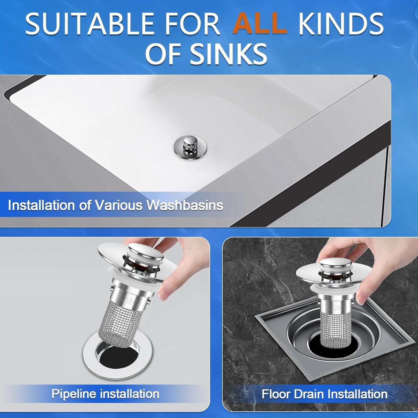 Sink Stopper Hair Catcher, Pop-up Sink Drain Strainer with Removable Stainless Steel Strainer Basket Hair Catcher, Bathroom Sink Strainer for Bathroom Sink Stopper Replacement (1PACK)