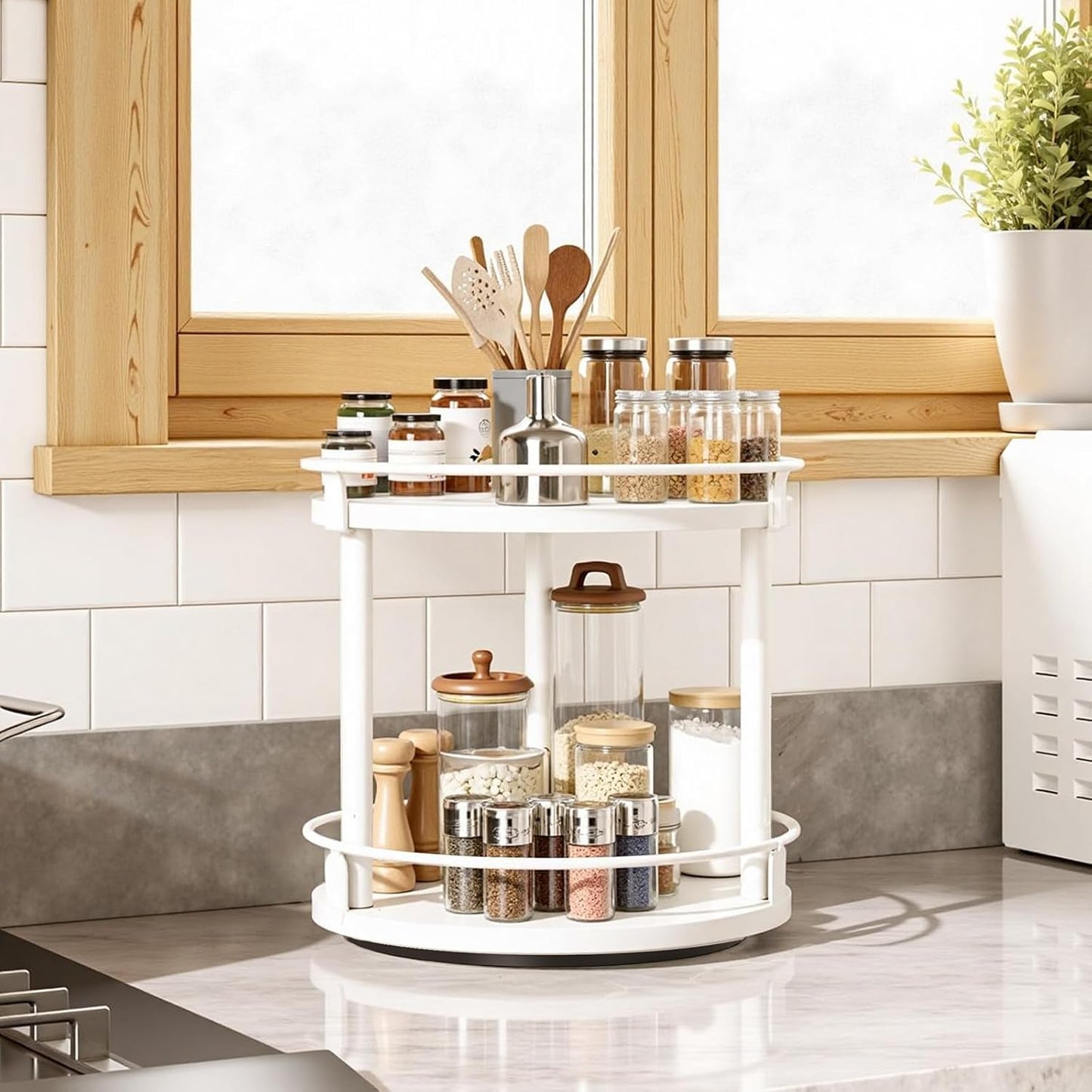 Lazy Susan Organizer, Rotating Spice Rack, 2 Tier Spice Turntable Organizer, Industrial Turntable Spice Holder, for Kitchen Countertop, Compact and Versatile, White SR22WW