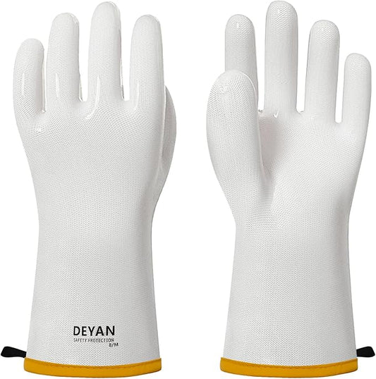 DEYAN Silicone BBQ Gloves - 600°F Heat Resistant Oven Mitts for Grilling, Smoking & Baking - Waterproof, Oil Proof Non-Slip Kitchen Gloves for Cooking, Frying, BBQ Accessories(White, 8/M)