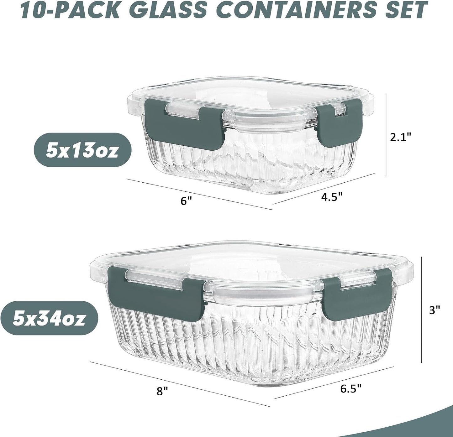 KOMUEE 10 Packs Glass Meal Prep Containers with Lids, Glass Food Storage Containers Set, Airtight Lunch Containers, Microwave, Oven, Freezer and Dishwasher Safe, Gray