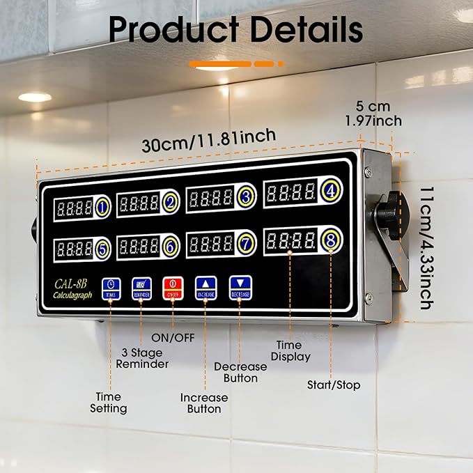 8-Channel Kitchen Timers for Cooking, Commercial Digital Timer with Independent Countdown Timers, Adjustable Volume, Stainless Steel Cooking Timer for Food Fryer, Restaurants, Baking