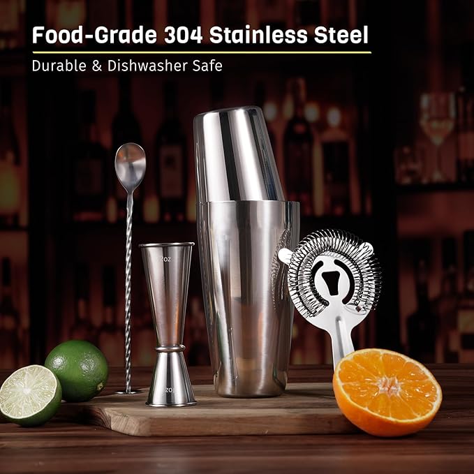 Boston Cocktail Shaker Set, 4-Piece Bar Tools Set, Professional Bar Set with Boston Shaker, Bar Spoon, Jigger, Hawthorne Strainer, Stainless Steel, Dishwasher Safe, Ideal Bartender Kit for Bar