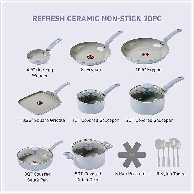 T-Fal Refresh Ceramic Nonstick Cookware Set, 20-Piece, Oven Safe to 350°F, Includes Stockpot, Griddle, Frying Pans, Utensils, Ceramic Pots and Pans Set, Blue