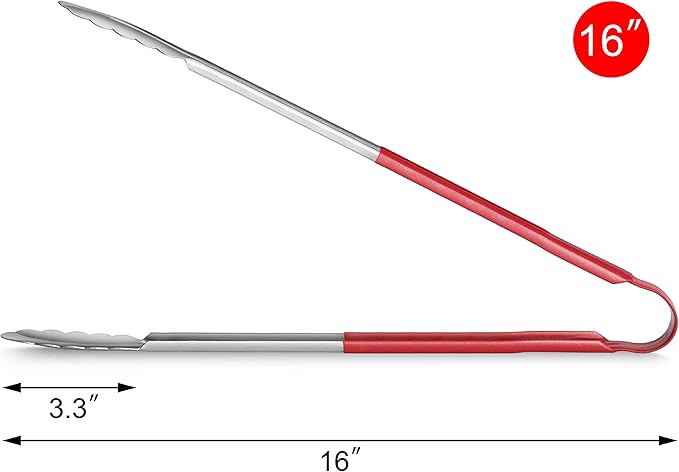 New Star Foodservice 35827 16-Inch Utility Spring Tongs, Stainless Steel, Vinyl Coated, Set of 12, Red