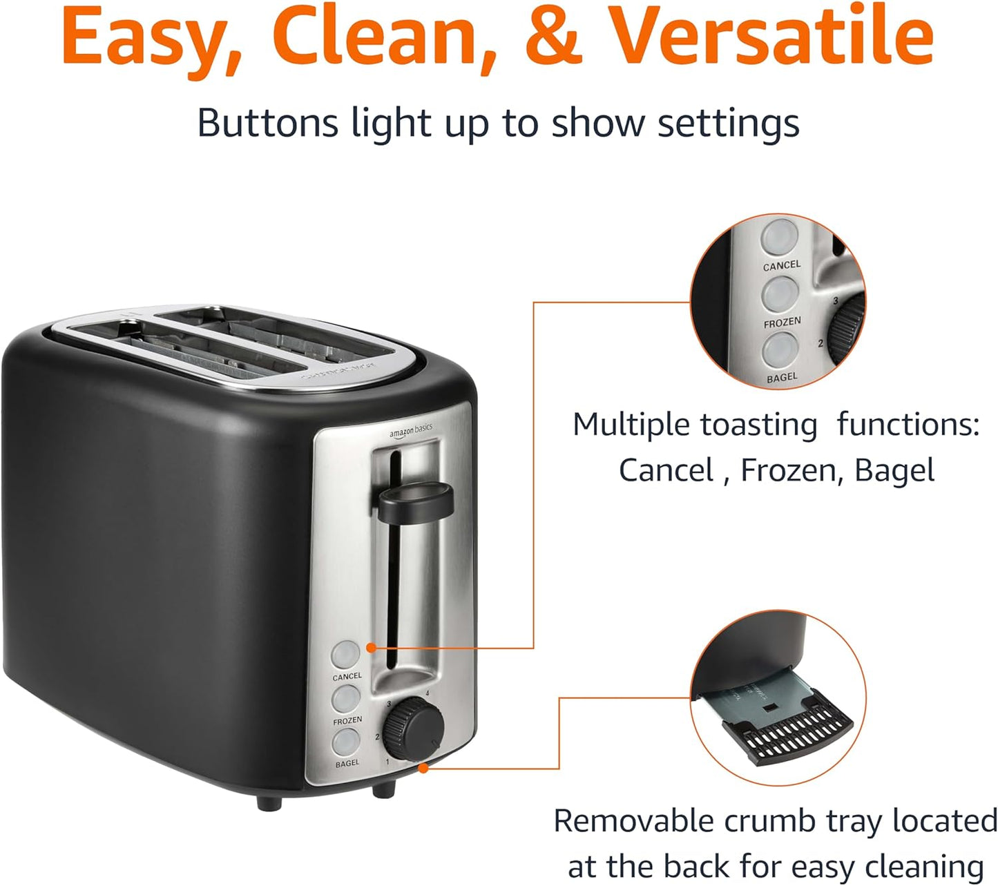 Amazon Basics 2 Slice Toaster, With 6 Browning Settings, Extra Wide Slots For Bagels and Special Breads, Removable Easy-to-Clean Crumb Tray, Cancel/Defrost/Bagel Buttons, 900W, Black & Silver