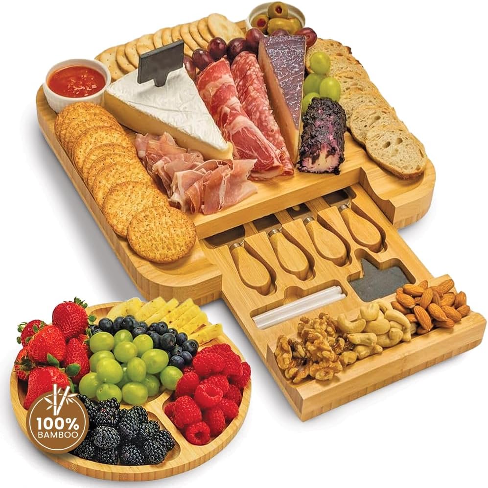 Leaf and Grain Charcuterie Board Set - Premium Bamboo Cheese Board – Perfect Charcuterie Boards Accessories for Bridal Shower Gifts, Wedding Gifts & Housewarming – Elegant Cheese Platter (Natural)