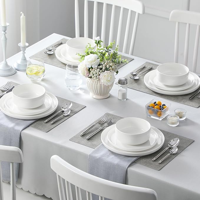 MALACASA Plates and Bowls Sets, 24 Pieces Modern Porcelain Dinnerware Set for 8, Ceramic Dishware Dishes White Kitchen Dinner Dining Ware Set, Microwave and Dishwasher Safe, Series LUNA