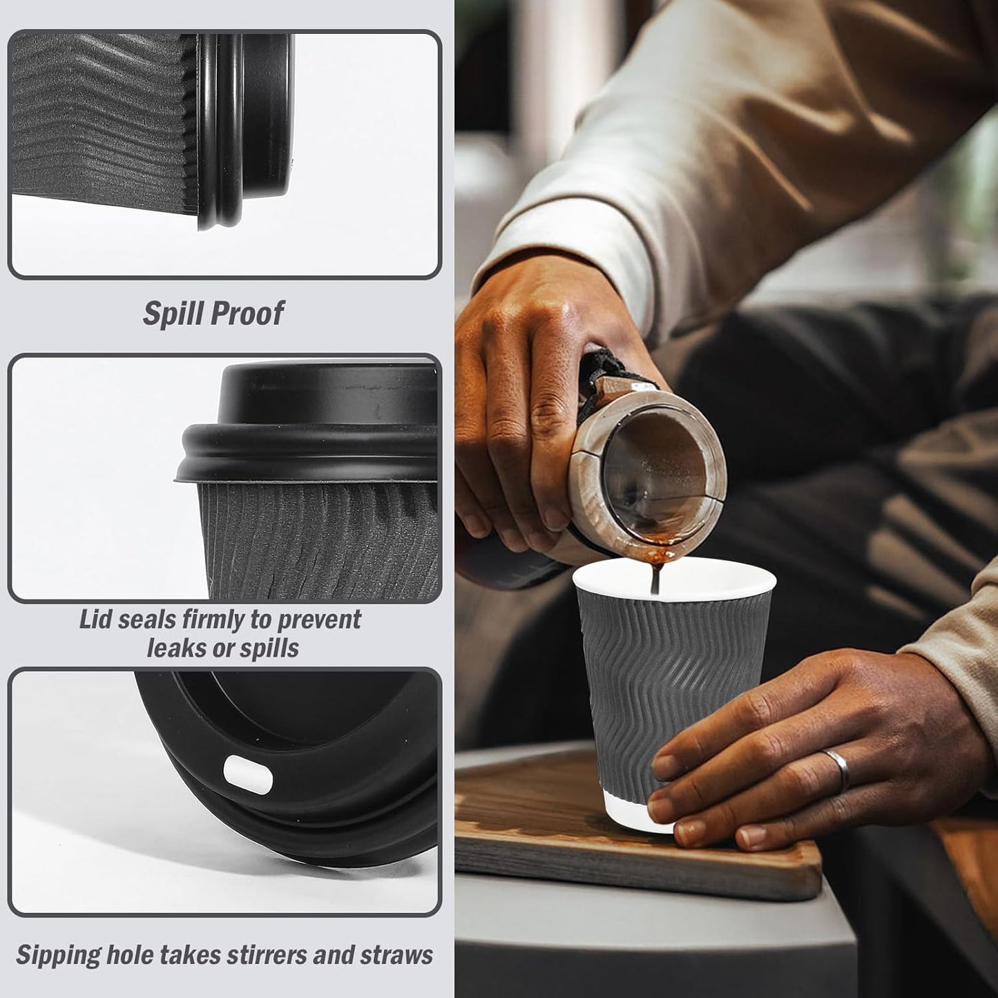 Lamosi 500 Pack - 12 oz Insulated Disposable Coffee Cups with Lids, To Go Paper Coffee Cups with Lids, Corrugated Ripple Wall Cup for Hot Drink Office Coffee Bar (Grey)