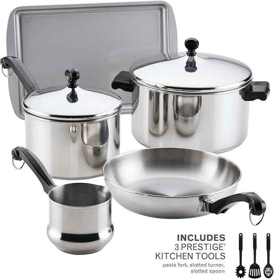 Farberware Classic Series Stainless Steel Pots and Pans with Baking Sheet Pan, Cooking Tools, and Lids, Induction Ready, Dishwasher Safe, 10 Piece Cookware Set, Metal Utensil Safe - Stainless Steel