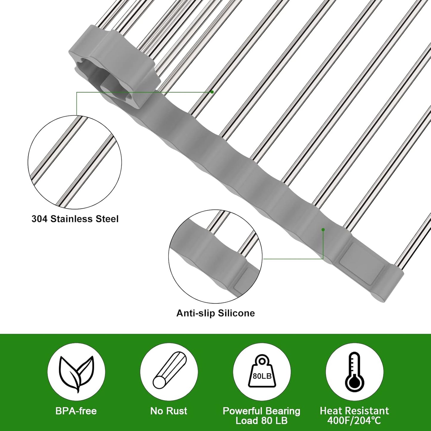 Expandable Roll Up Dish Drying Rack, 23.6"L x 15.7"W Large Stainless Steel Over The Sink Dish Drying Rack with Silicone Wrapped Anti-Slip Foldable Multipurpose Dish Drainers for Kitchen Sink