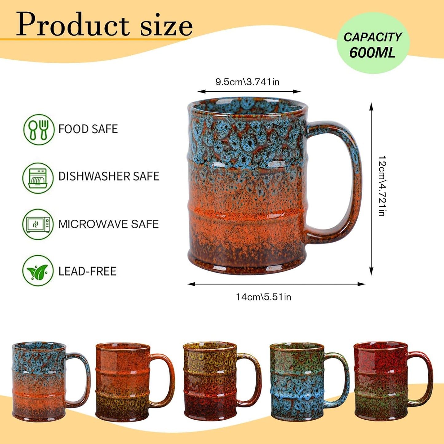 Brown and Yellow 20 oz Ceramic Coffee Mug - Large, Dishwasher and Microwave Safe, Perfect for Office and Home