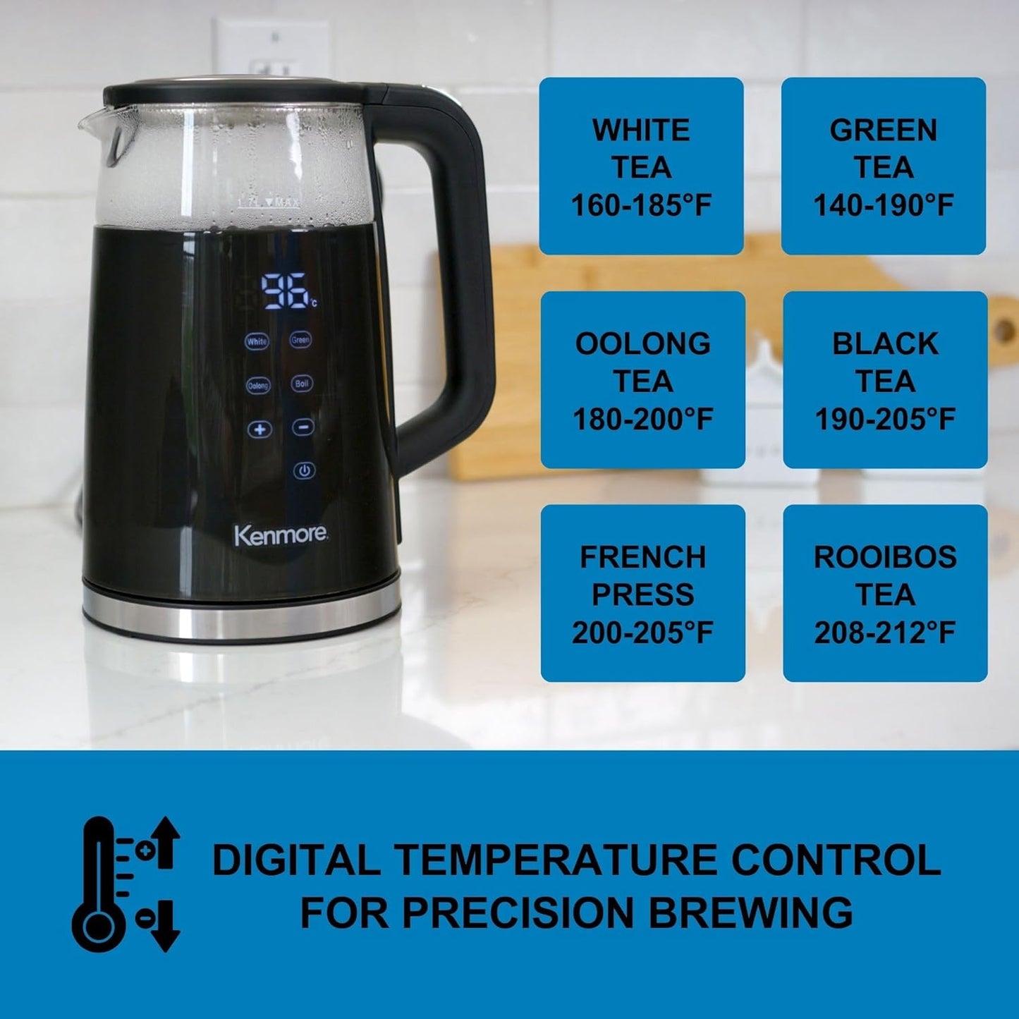 Kenmore Electric Kettle - 1.7 Liter Cordless Digital Chauffe-eau, Instant Pot Tea Kettle, Preset Temperature Control, Automatic Shut- Off, Cool Touch, Hot Water Boiling Heater, Black